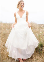 A Line Sleeveless Chiffon Deep V Neck Simple Long Beach Wedding Dress - Curvevia