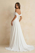 A-Line Chiffon Sleeveless Off-the-Shoulder Wedding Dress with Ruching Floor Length - Curvevia
