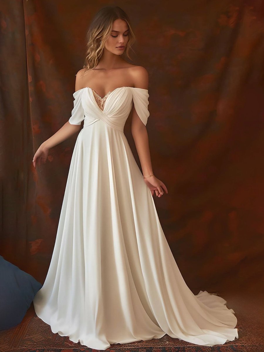 A-Line Chiffon Sleeveless Off-the-Shoulder Wedding Dress with Ruching Floor Length - Curvevia
