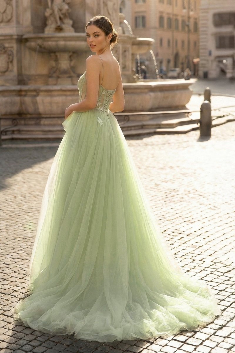 A Line Corset Back Sage Green Tulle Long Dresses - Curvevia