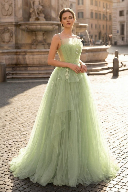 A Line Corset Back Sage Green Tulle Long Dresses - Curvevia