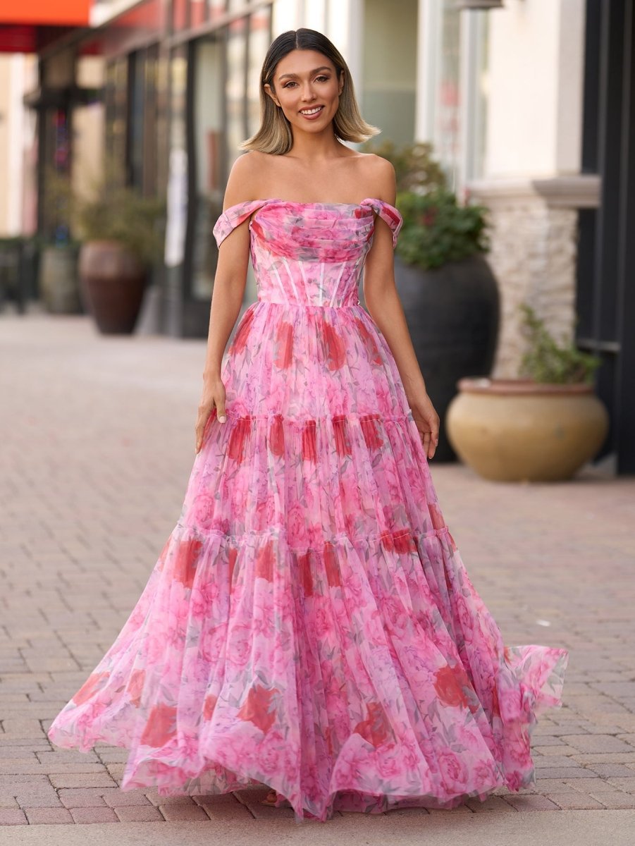 A Line Floral Pink Long Wedding Guest Dress - Curvevia