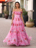 A Line Floral Pink Long Wedding Guest Dress - Curvevia