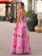 A Line Floral Pink Long Wedding Guest Dress - Curvevia