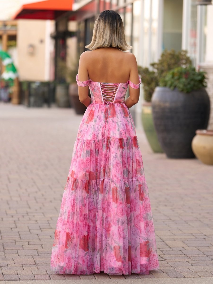 A Line Floral Pink Long Wedding Guest Dress - Curvevia