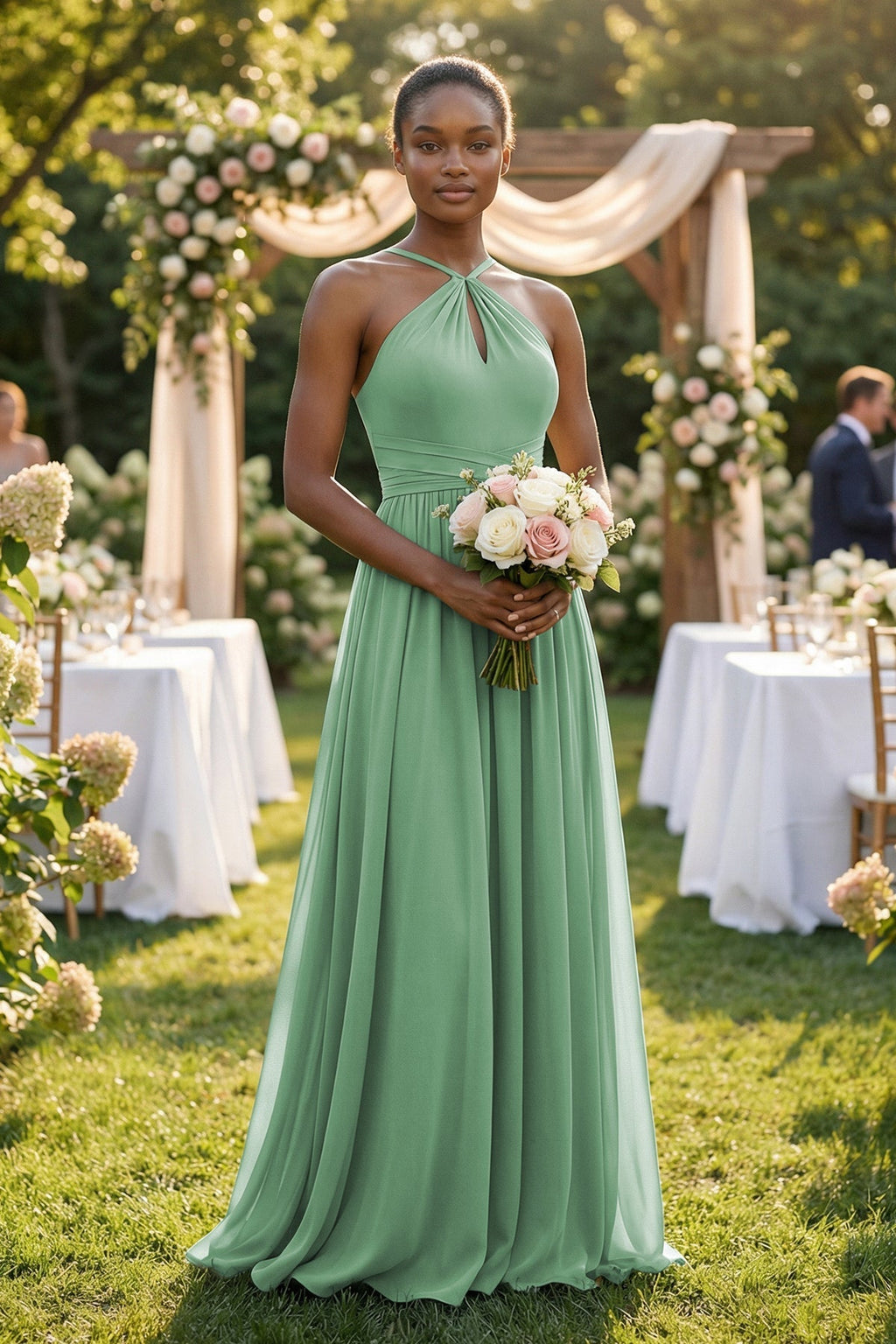 A-Line Halter Chiffon Ruched Bridesmaid Dress in Sea Glass - Curvevia