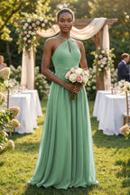 A-Line Halter Chiffon Ruched Bridesmaid Dress in Sea Glass - Curvevia