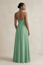 A-Line Halter Chiffon Ruched Bridesmaid Dress in Sea Glass - Curvevia