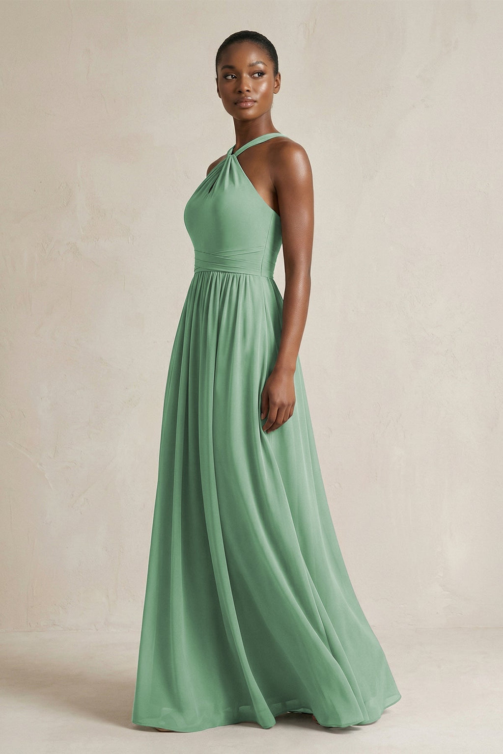 A-Line Halter Chiffon Ruched Bridesmaid Dress in Sea Glass - Curvevia
