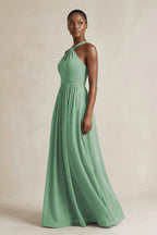 A-Line Halter Chiffon Ruched Bridesmaid Dress in Sea Glass - Curvevia