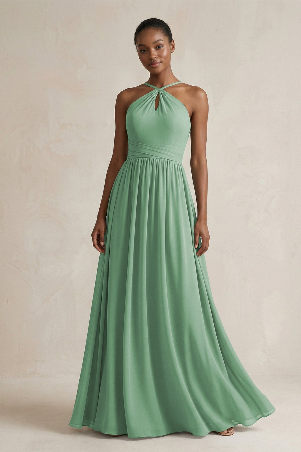 A-Line Halter Chiffon Ruched Bridesmaid Dress in Sea Glass - Curvevia