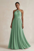 A-Line Halter Chiffon Ruched Bridesmaid Dress in Sea Glass - Curvevia