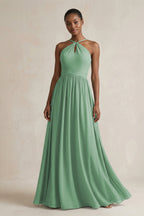A-Line Halter Chiffon Ruched Bridesmaid Dress in Sea Glass - Curvevia