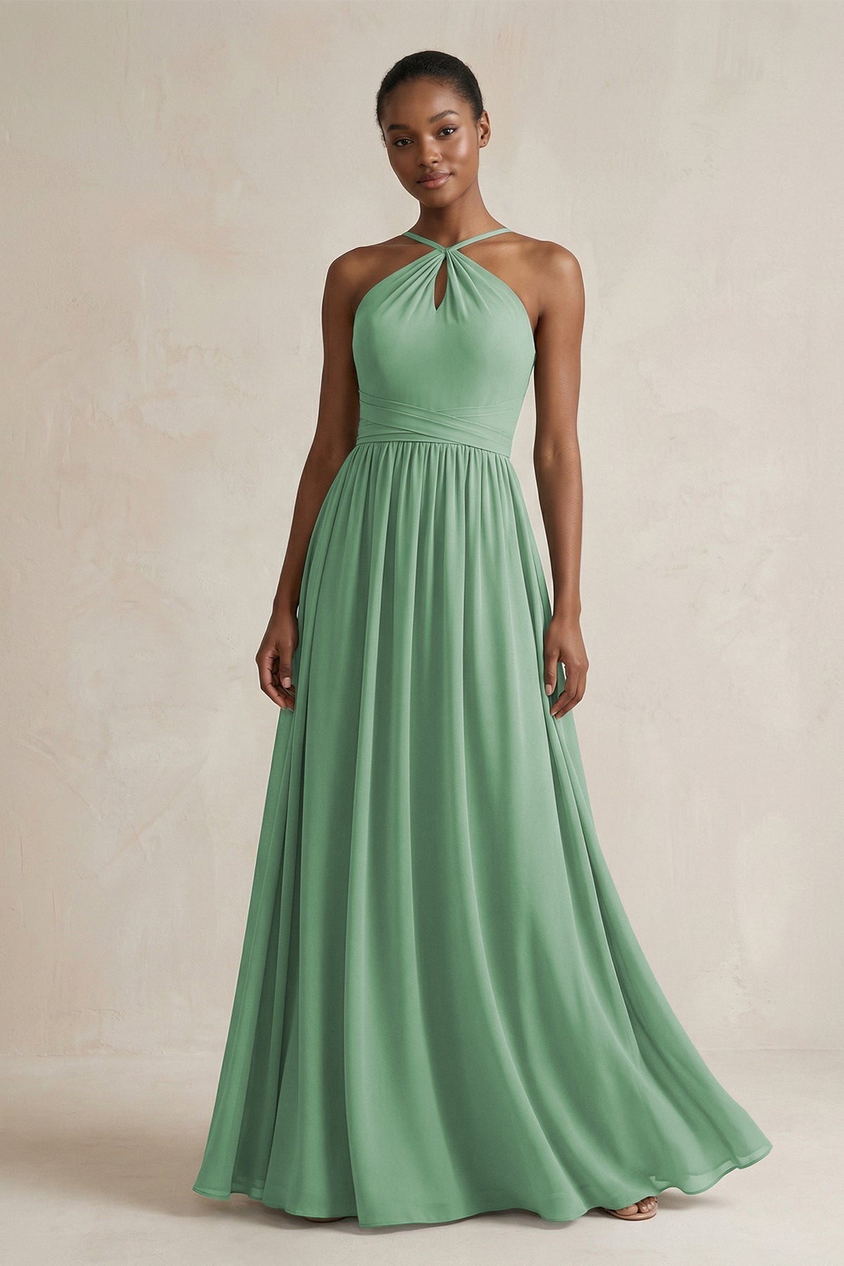 A-Line Halter Chiffon Ruched Bridesmaid Dress in Sea Glass - Curvevia