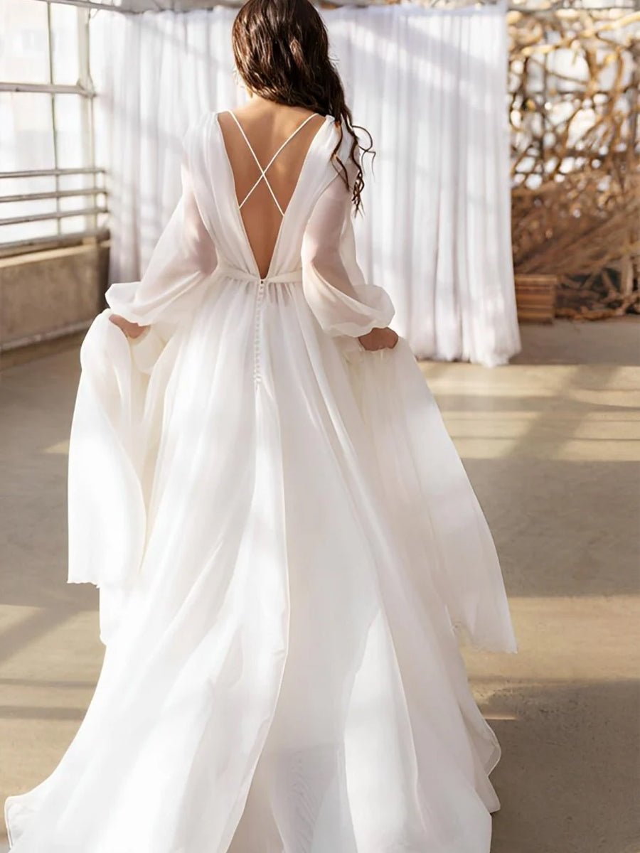 A-Line Illusion Neck Long Sleeves Sweep Train Organza Wedding Dresses - Curvevia