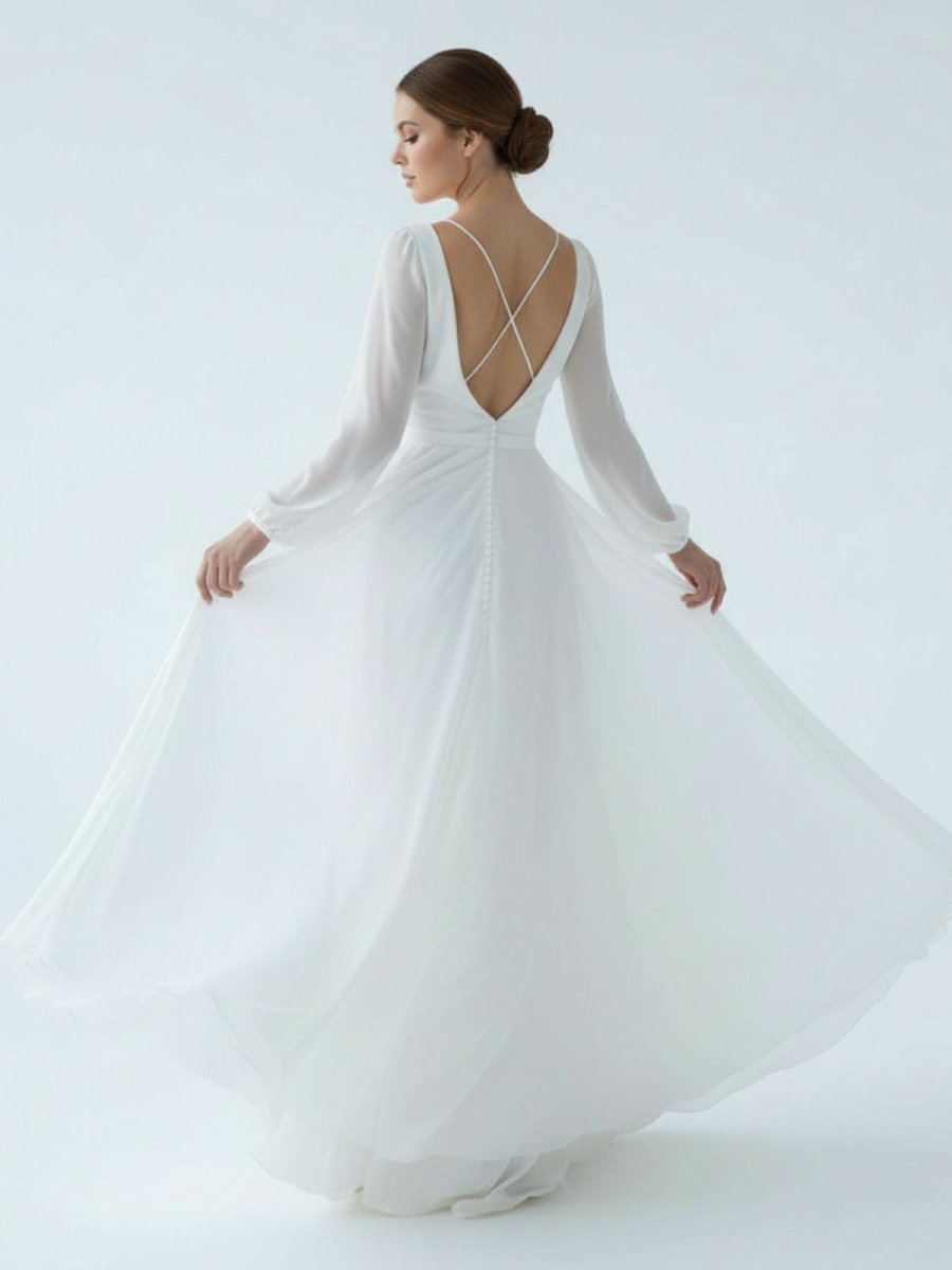 A-Line Illusion Neck Long Sleeves Sweep Train Organza Wedding Dresses - Curvevia