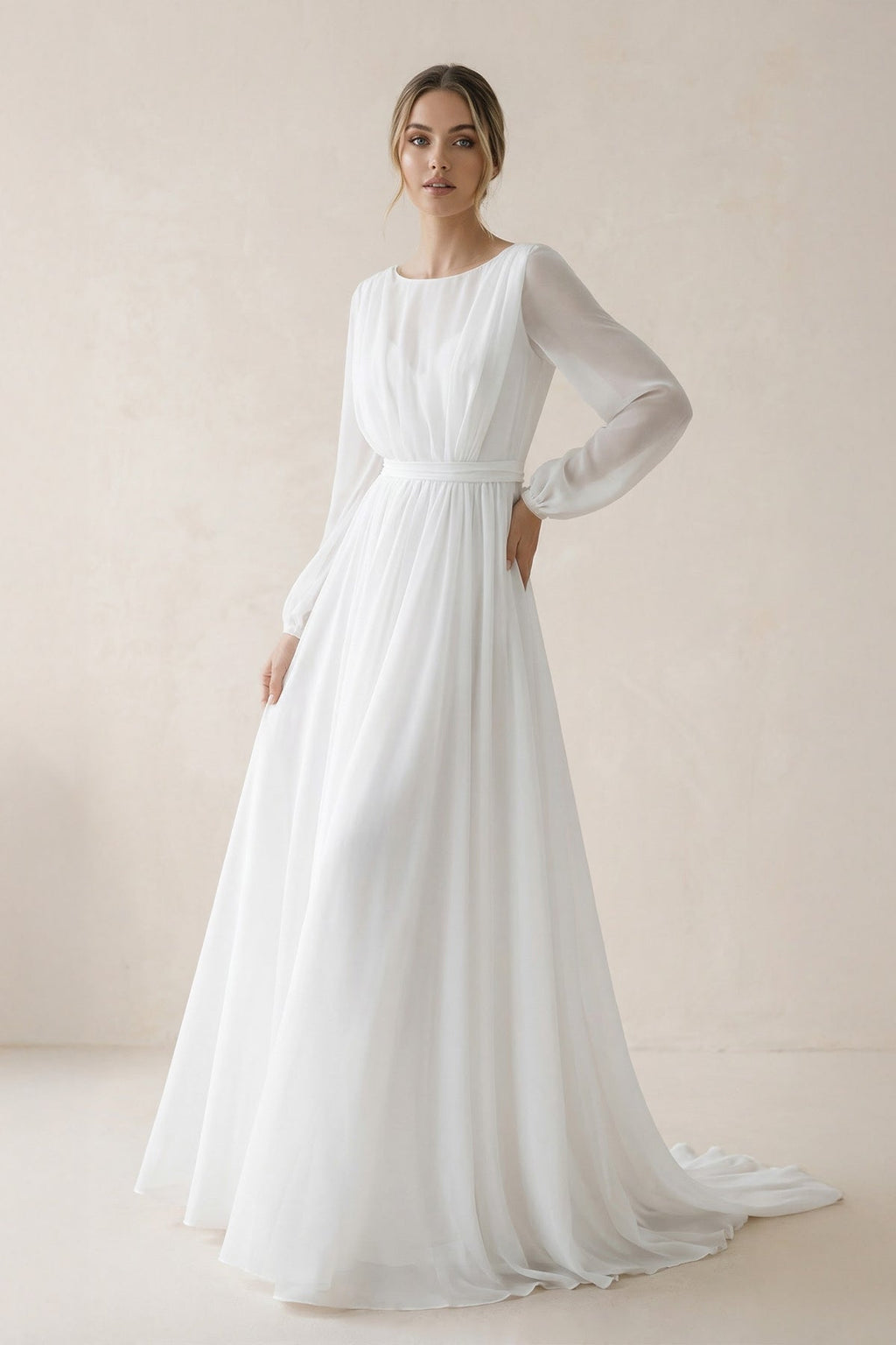 A-Line Illusion Neck Long Sleeves Sweep Train Organza Wedding Dresses - Curvevia