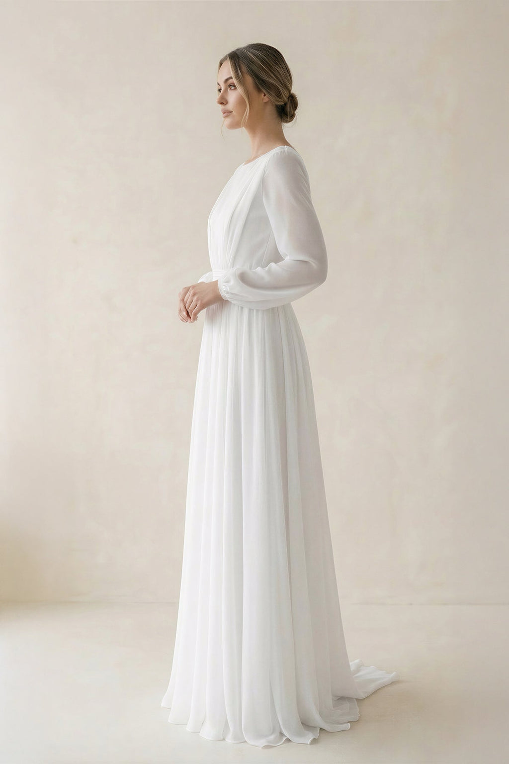 A-Line Illusion Neck Long Sleeves Sweep Train Organza Wedding Dresses - Curvevia