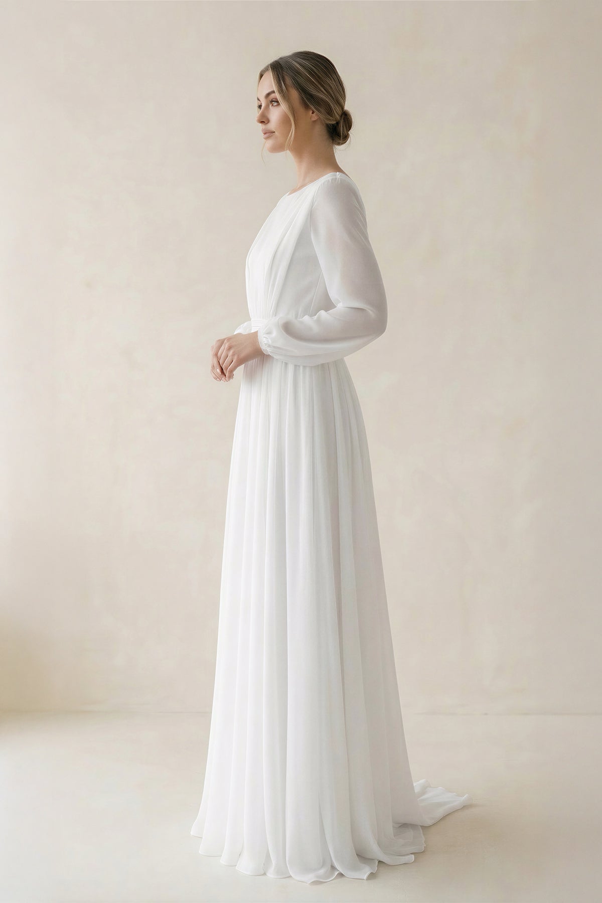A-Line Illusion Neck Long Sleeves Sweep Train Organza Wedding Dresses - Curvevia