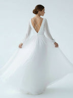 A-Line Illusion Neck Long Sleeves Sweep Train Organza Wedding Dresses - Curvevia