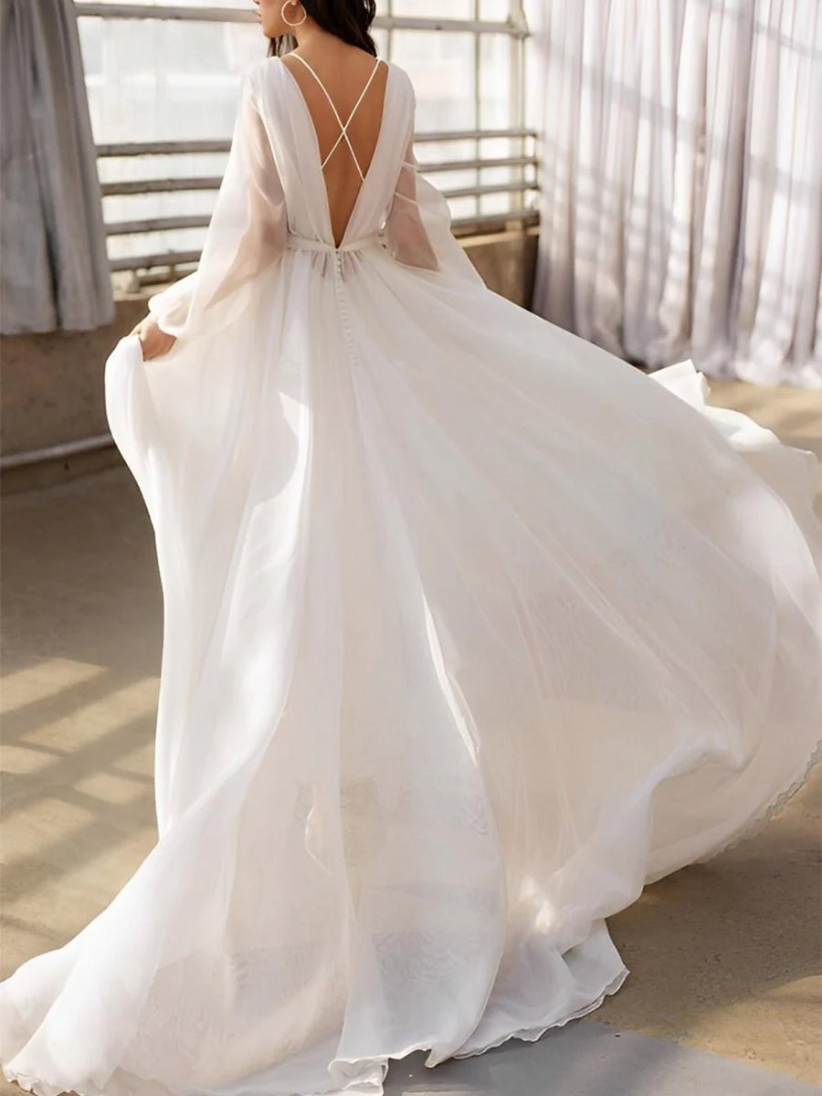 A-Line Illusion Neck Long Sleeves Sweep Train Organza Wedding Dresses - Curvevia