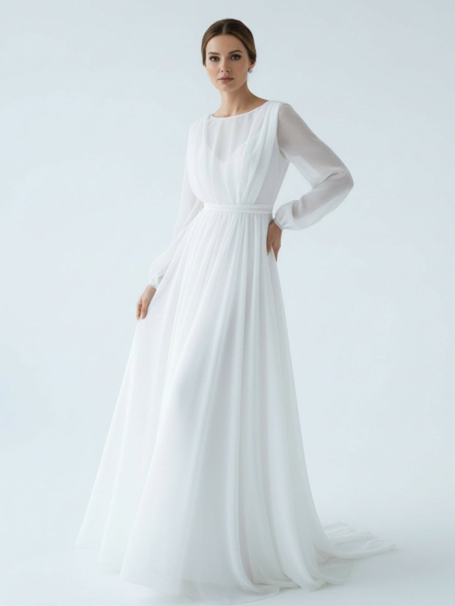 A-Line Illusion Neck Long Sleeves Sweep Train Organza Wedding Dresses - Curvevia