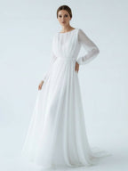 A-Line Illusion Neck Long Sleeves Sweep Train Organza Wedding Dresses - Curvevia