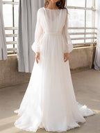A-Line Illusion Neck Long Sleeves Sweep Train Organza Wedding Dresses - Curvevia