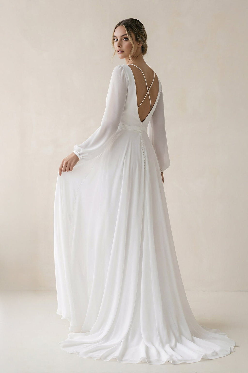A-Line Illusion Neck Long Sleeves Sweep Train Organza Wedding Dresses - Curvevia