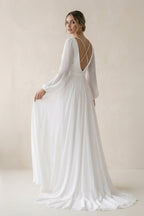 A-Line Illusion Neck Long Sleeves Sweep Train Organza Wedding Dresses - Curvevia