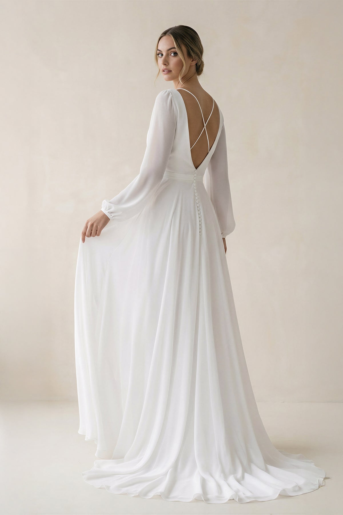 A-Line Illusion Neck Long Sleeves Sweep Train Organza Wedding Dresses - Curvevia