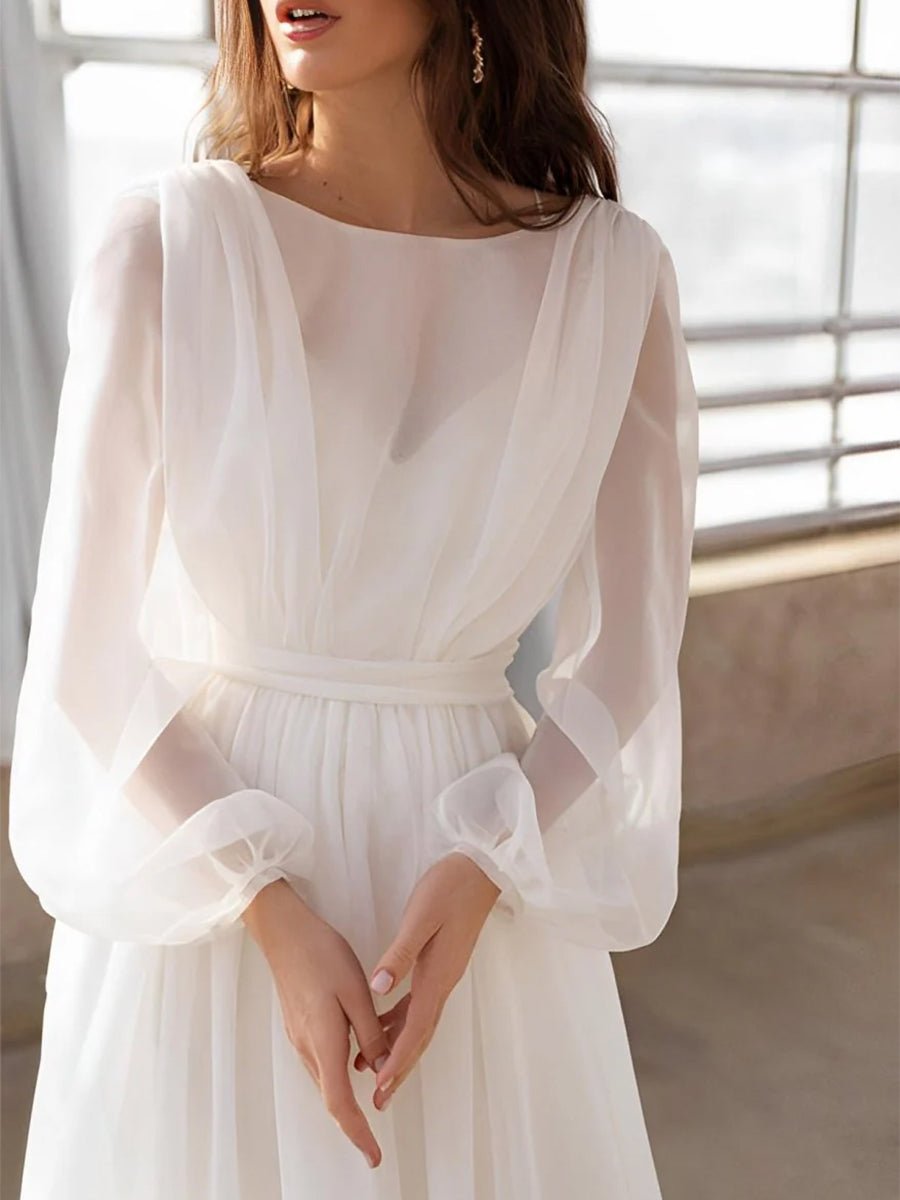 A-Line Illusion Neck Long Sleeves Sweep Train Organza Wedding Dresses - Curvevia
