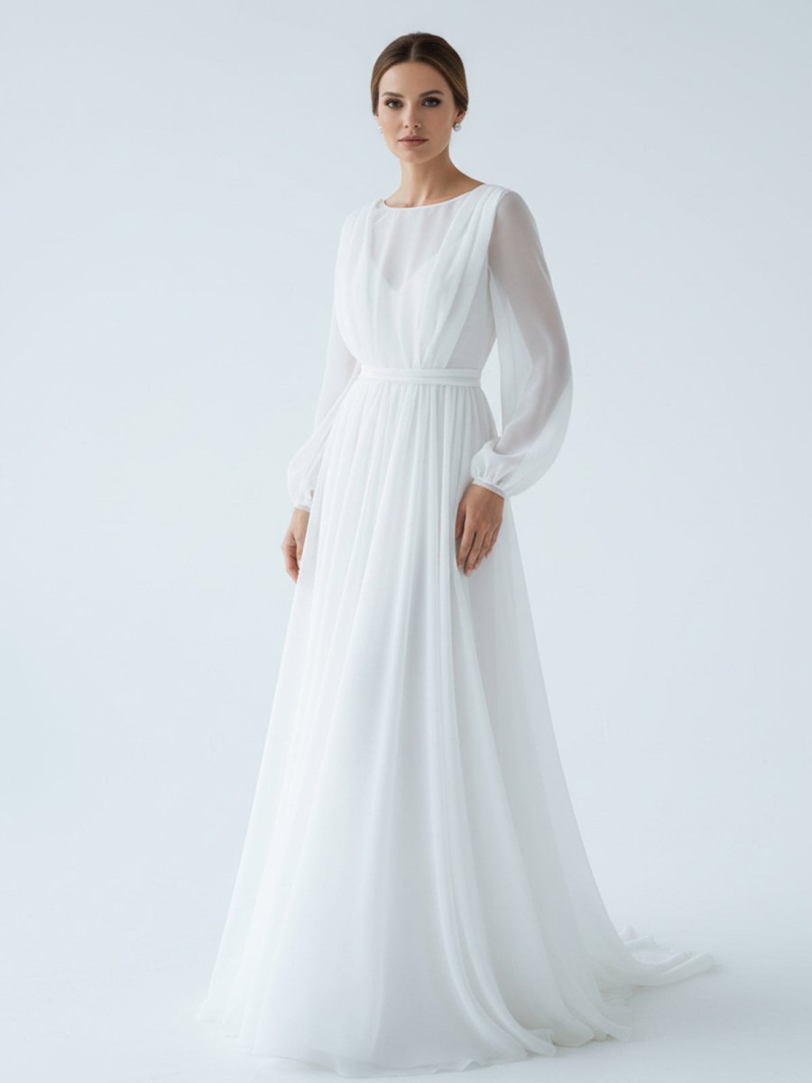 A-Line Illusion Neck Long Sleeves Sweep Train Organza Wedding Dresses - Curvevia