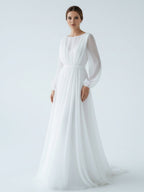 A-Line Illusion Neck Long Sleeves Sweep Train Organza Wedding Dresses - Curvevia