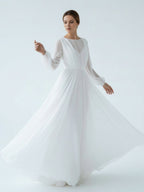 A-Line Illusion Neck Long Sleeves Sweep Train Organza Wedding Dresses - Curvevia