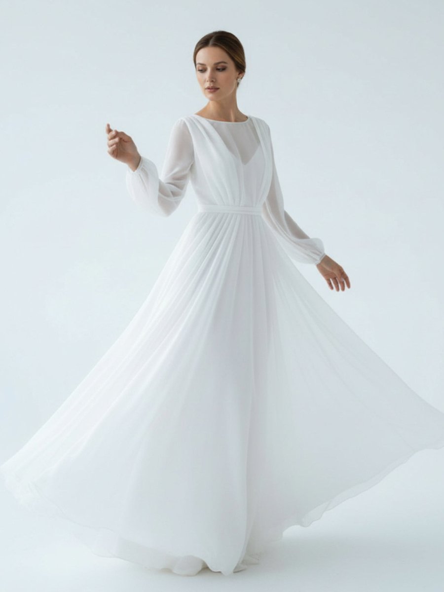 A-Line Illusion Neck Long Sleeves Sweep Train Organza Wedding Dresses - Curvevia