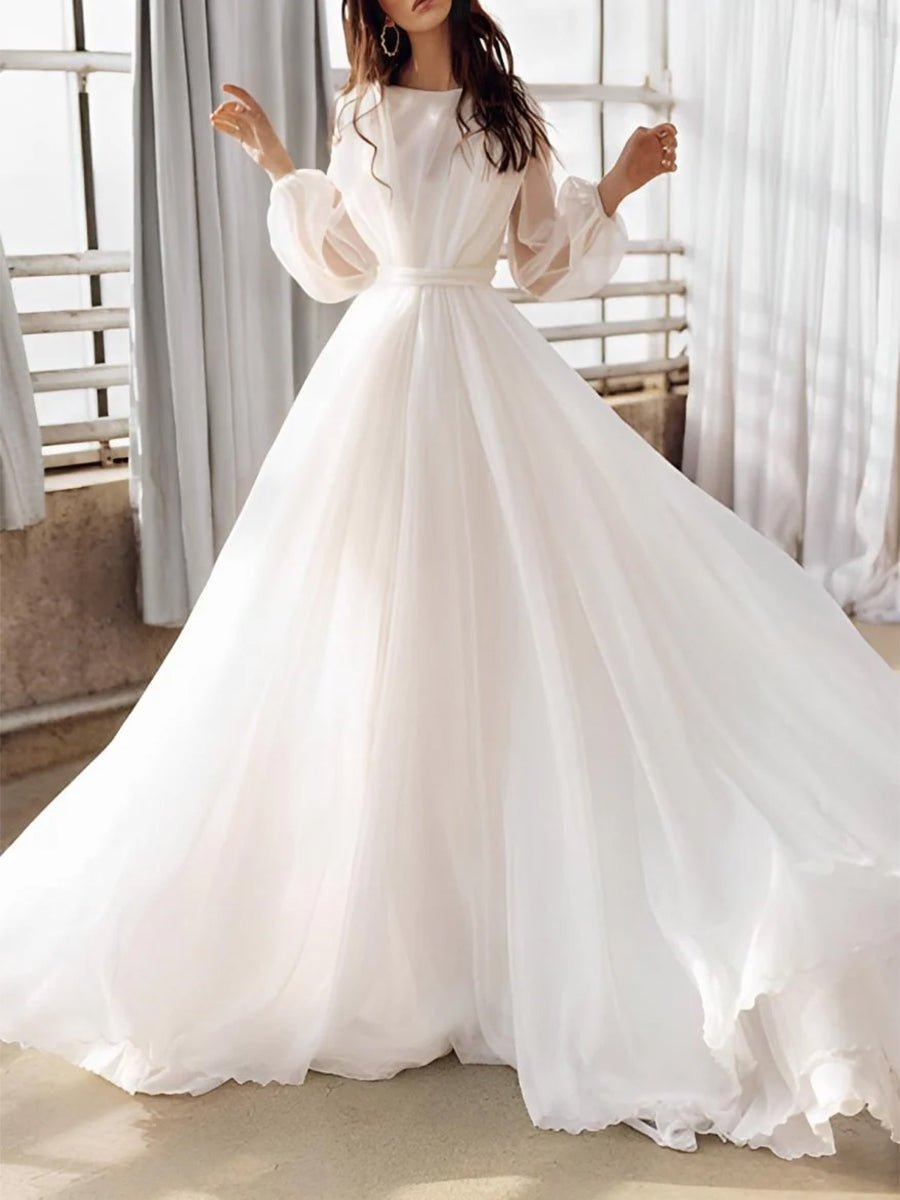 A-Line Illusion Neck Long Sleeves Sweep Train Organza Wedding Dresses - Curvevia