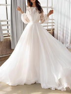 A-Line Illusion Neck Long Sleeves Sweep Train Organza Wedding Dresses - Curvevia