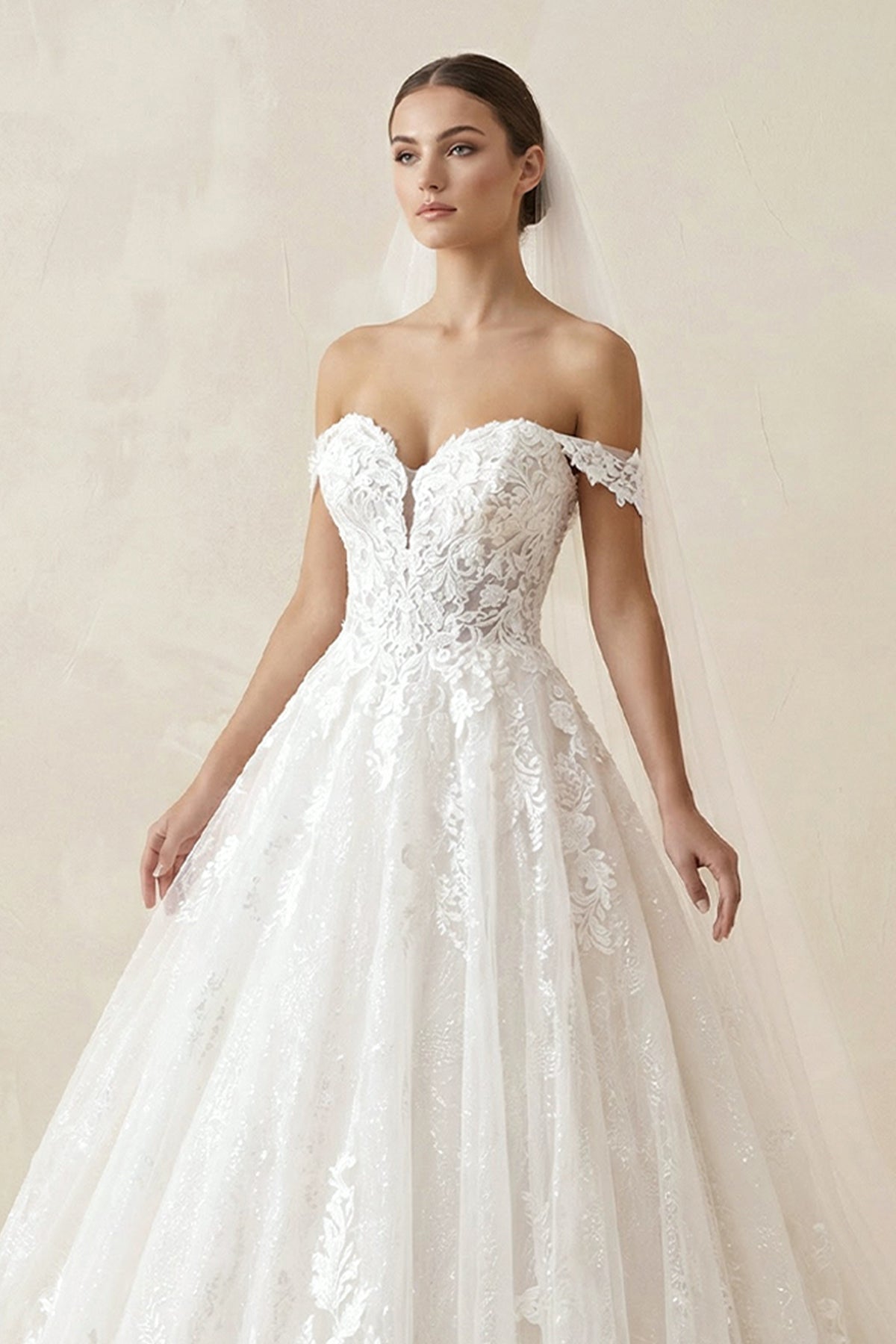 Off the Shoulder Romantic Lace Wedding Dress Bridal Gown - Curvevia