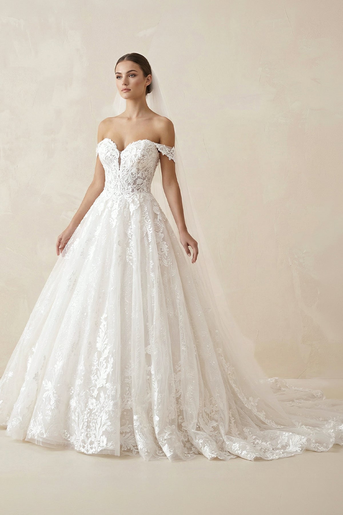 Off the Shoulder Romantic Lace Wedding Dress Bridal Gown - Curvevia