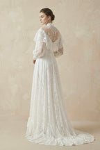 A-Line Lace Appliques Illusion Neck Wedding Dresses - Curvevia