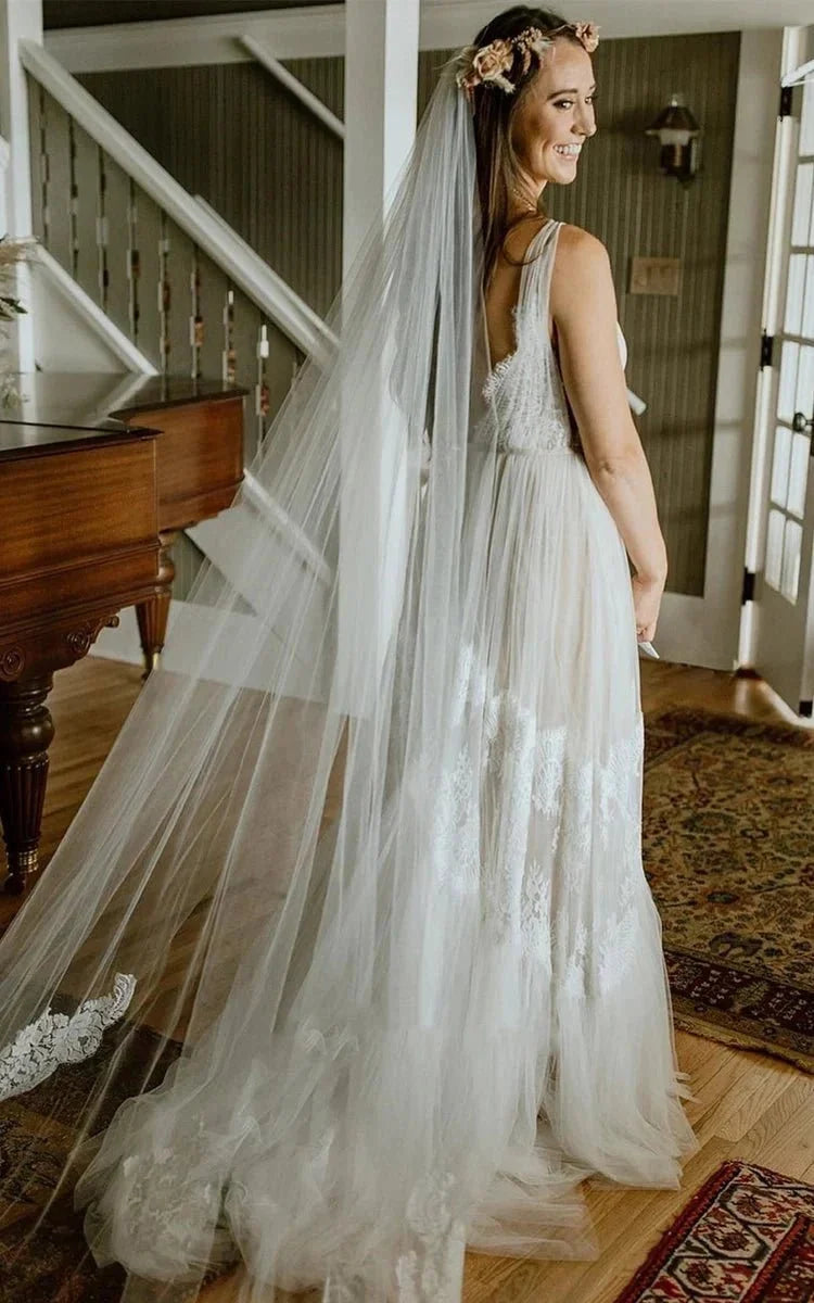 A-Line Lace Bohemian V-neck Wedding Dress With Low-V Back And Appliques - Curvevia