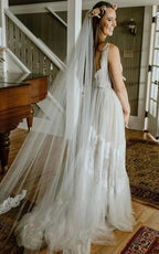 A-Line Lace Bohemian V-neck Wedding Dress With Low-V Back And Appliques - Curvevia