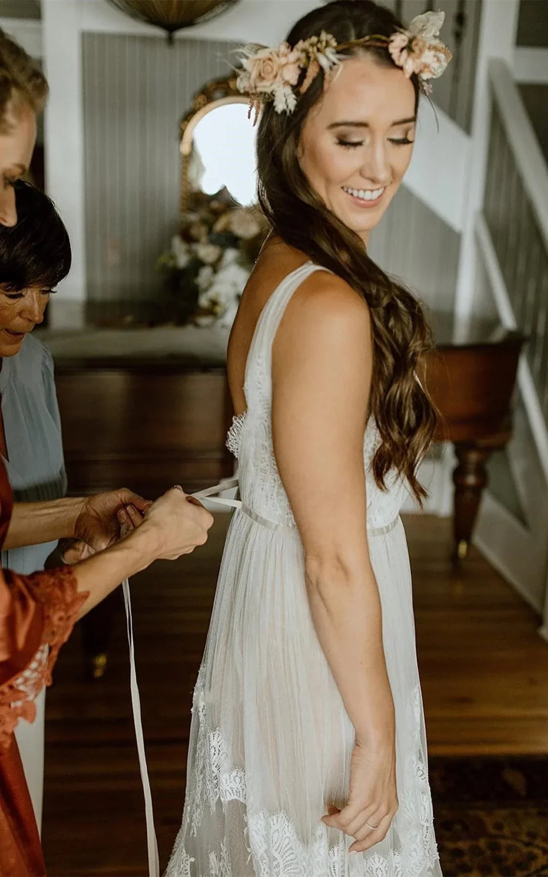 A-Line Lace Bohemian V-neck Wedding Dress With Low-V Back And Appliques - Curvevia