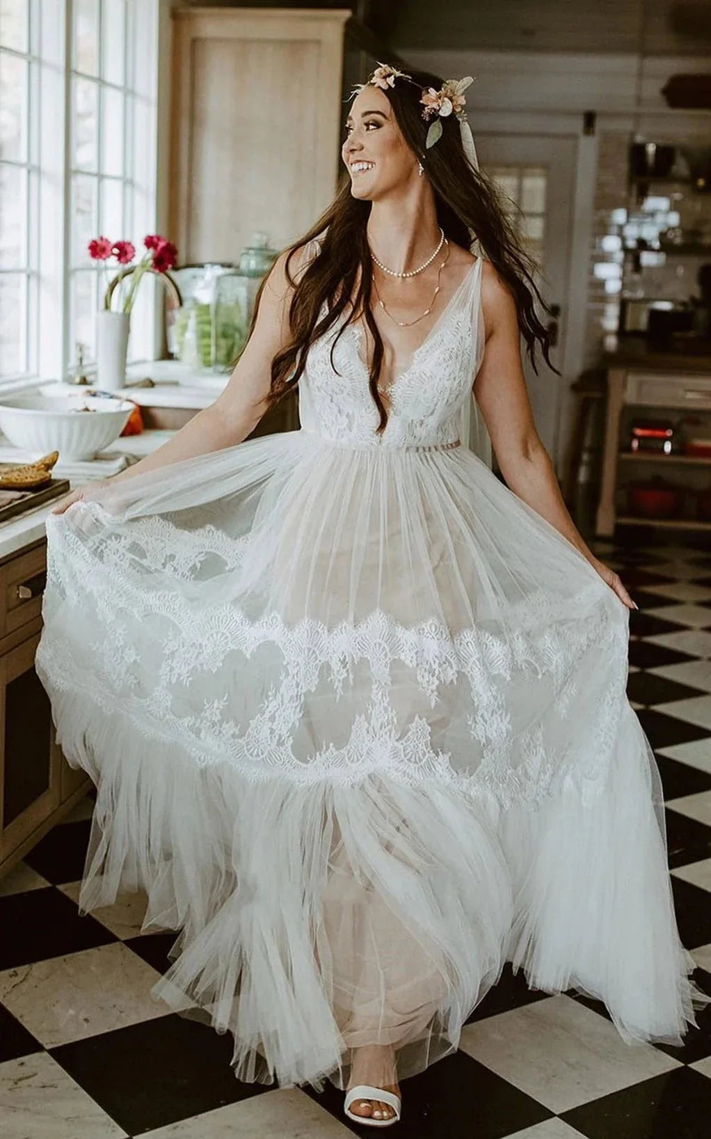 A-Line Lace Bohemian V-neck Wedding Dress With Low-V Back And Appliques - Curvevia