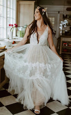 A-Line Lace Bohemian V-neck Wedding Dress With Low-V Back And Appliques - Curvevia