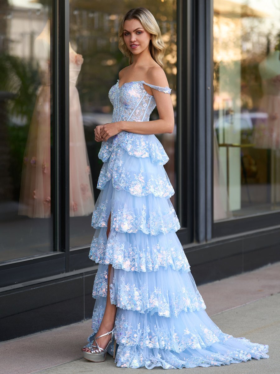 A-Line Lace Off-the-Shoulder Tiered Long Prom Dress with Slit - Curvevia