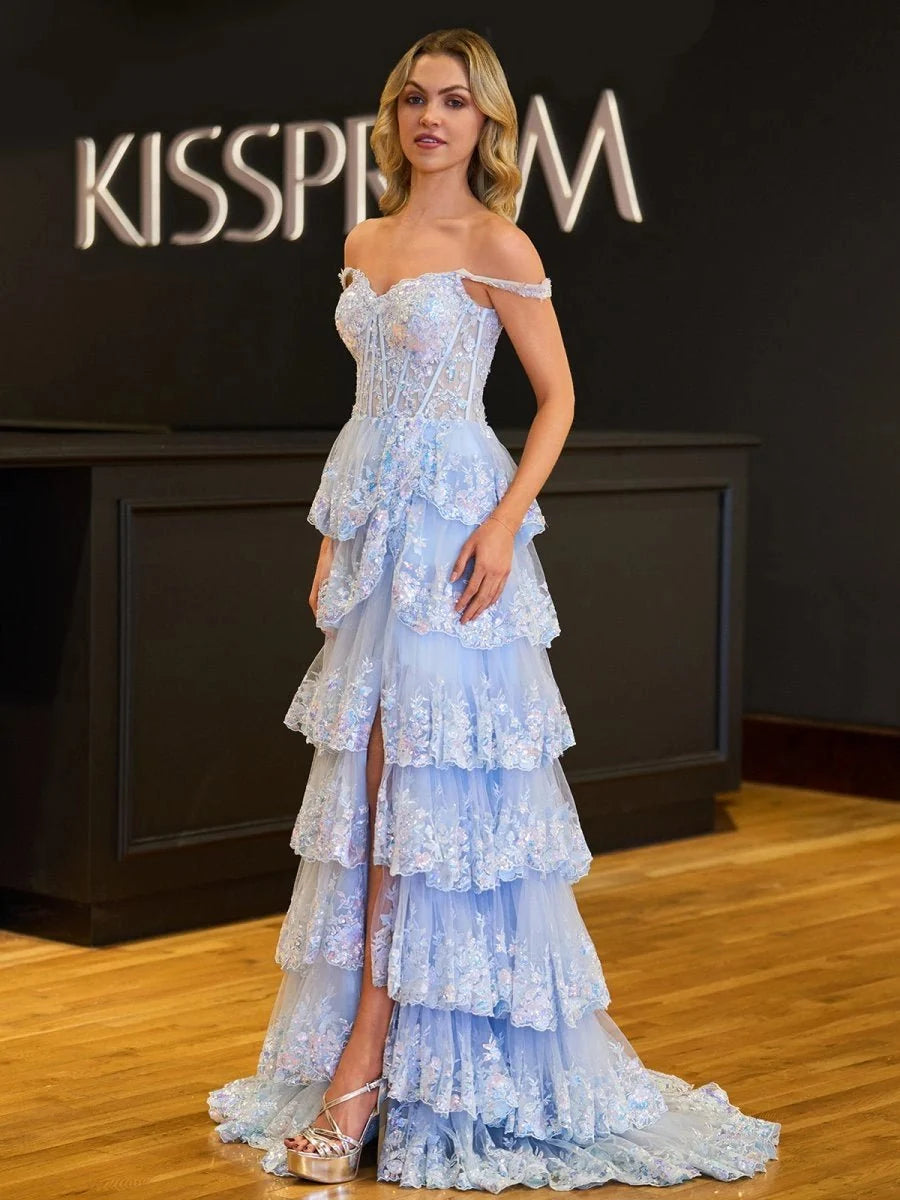 Princess A Line Off the Shoulder Corset Evening Dress with Lace Ruffles - Curvevia