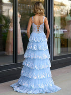 A-Line Lace Off-the-Shoulder Tiered Long Prom Dress with Slit - Curvevia