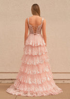 A-Line Lace Off-the-Shoulder Tiered Long Prom Dress with Slit - Curvevia